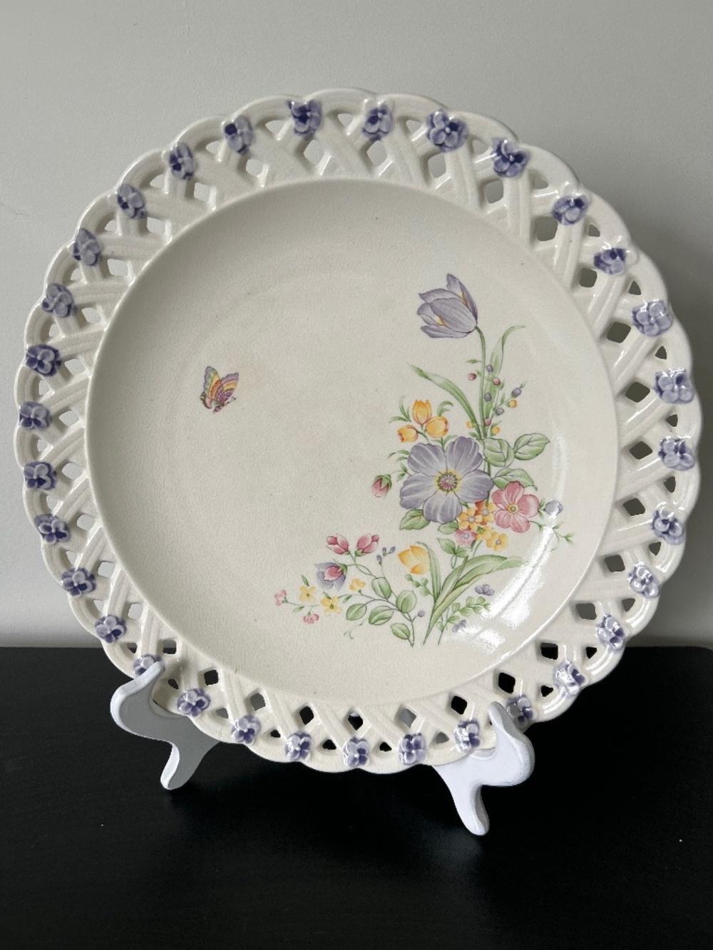 90s Ivory Floral Serving Plate Reticulated Edges French Country Made in Japan